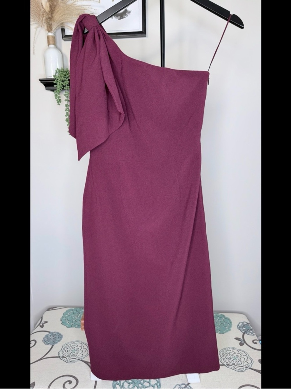 Dress the Population One-Shoulder Bow Dress in Berry Plum